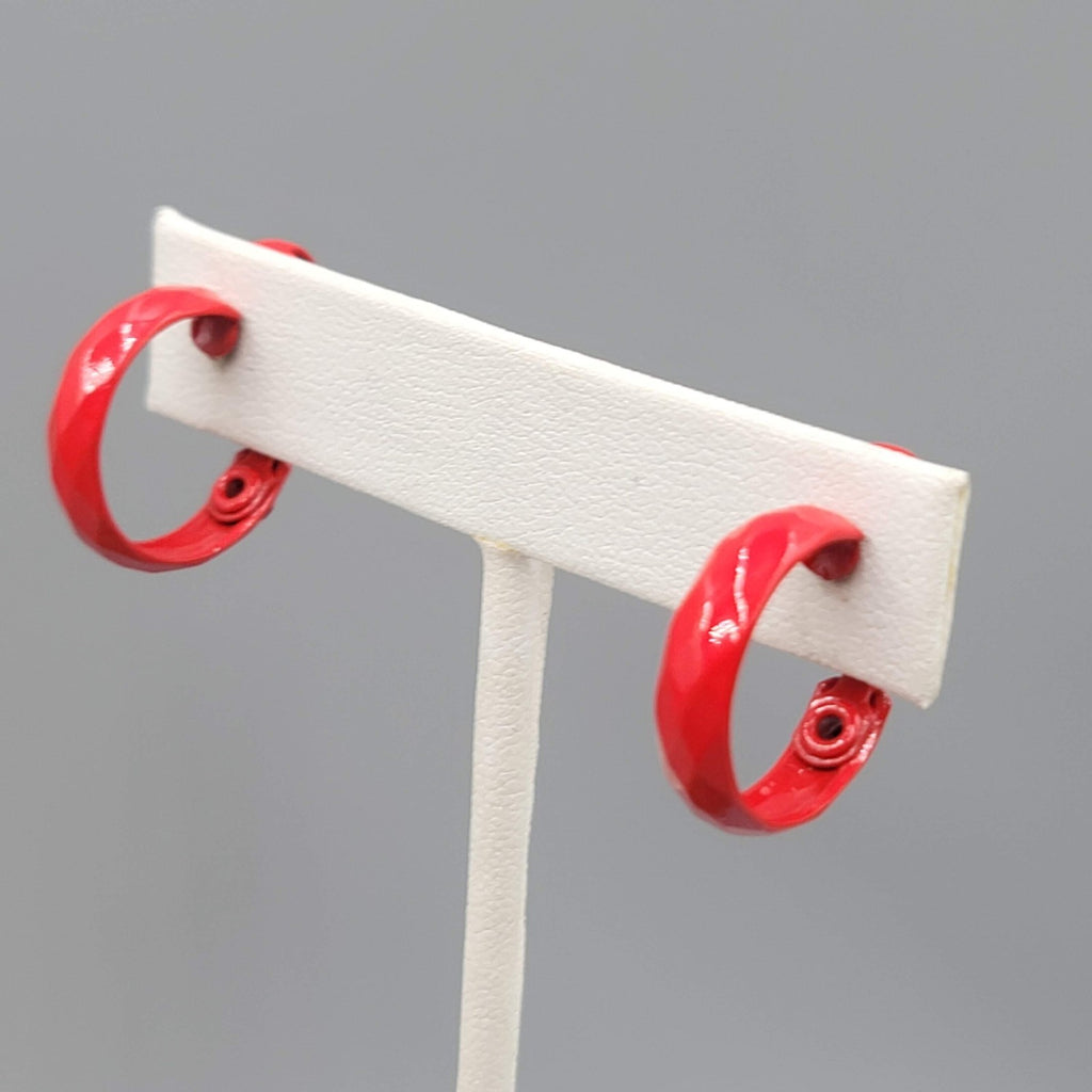 Vintage Red Enamel Hoops Clip on Earrings 3/4 in