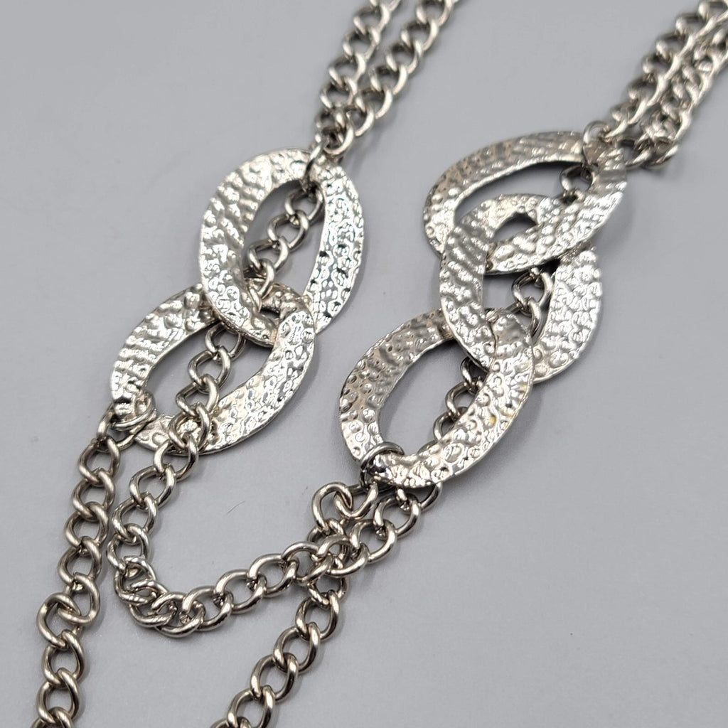 Long Double Chain Hammered Silver tone Necklace 32"