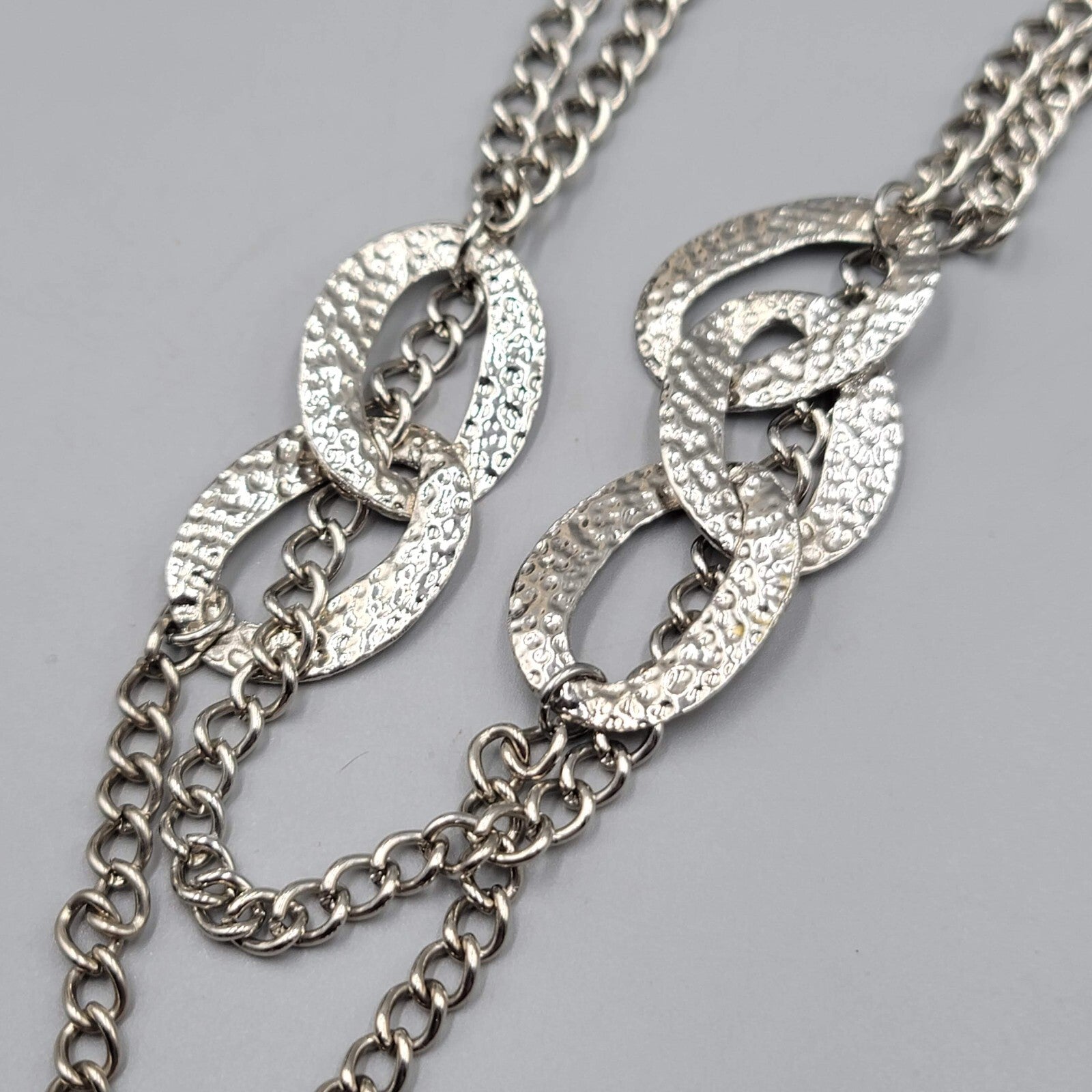 Long Double Chain Hammered Silver tone Necklace 32"