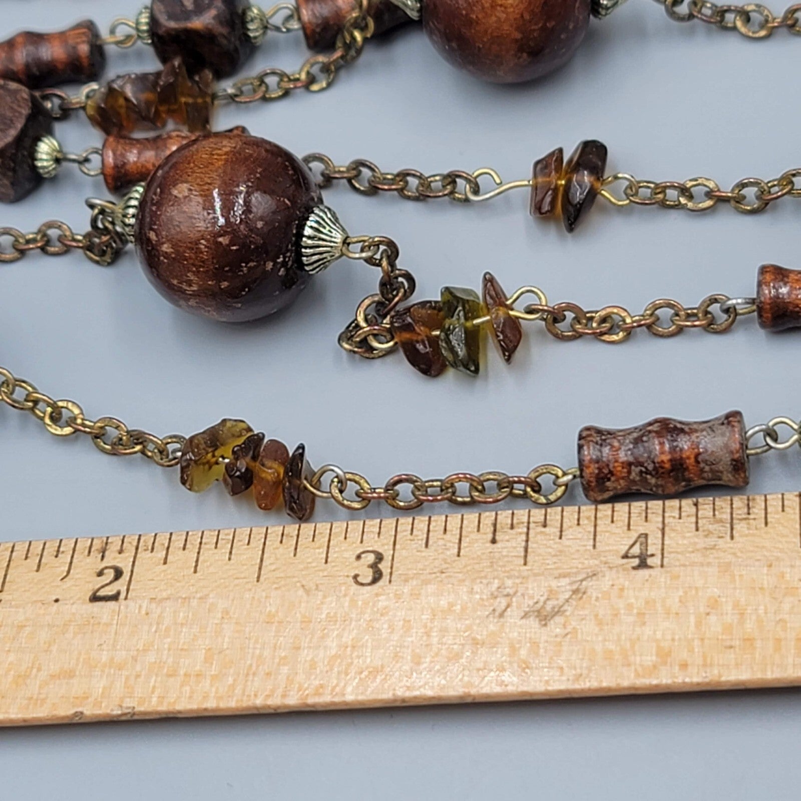 Vintage Wood Bead Necklace Amber Chip Extra Long 72"