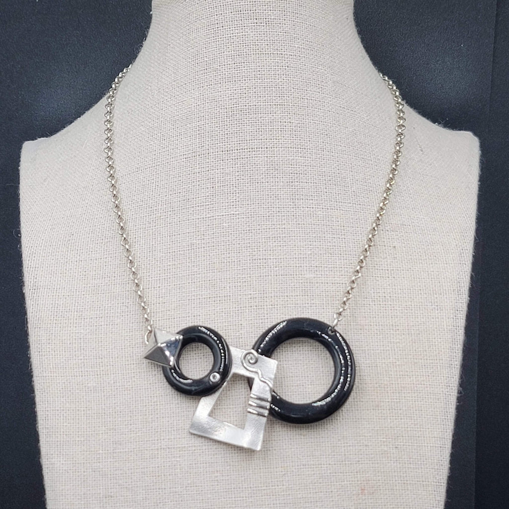 Geometric Necklace Black Accent  Silver tone Chain 16"-19"