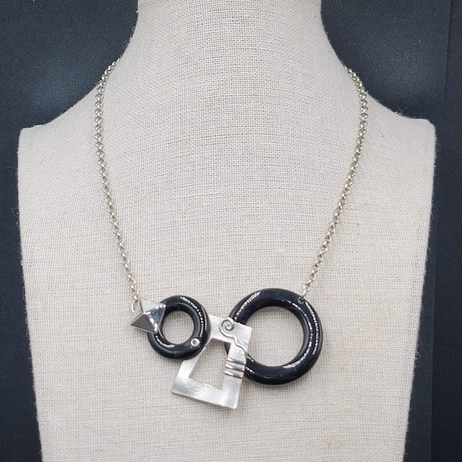 Geometric Necklace Black Accent  Silver tone Chain 16"-19"