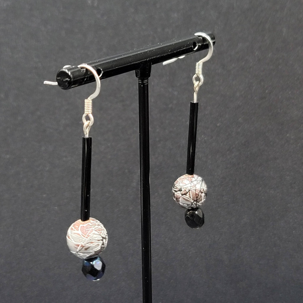 Pierced Earrings Silver tone Black Glass Bead Hand Painted 1.75"