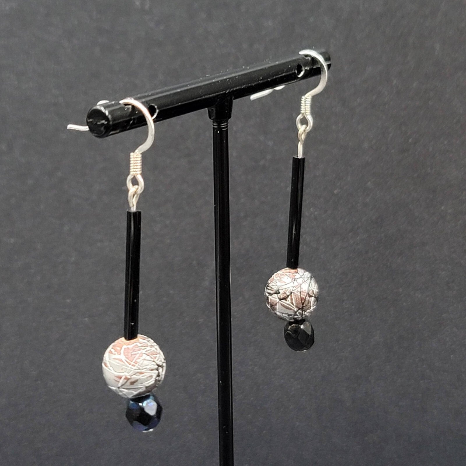Pierced Earrings Silver tone Black Glass Bead Hand Painted 1.75"