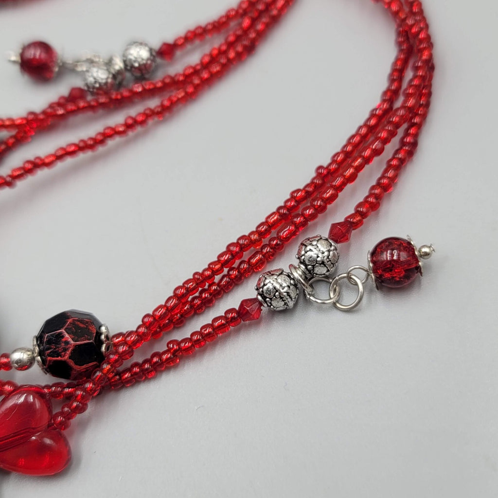 Red Bead Triple Layer Necklace Silver tone Statement Flower Pendant 20"+