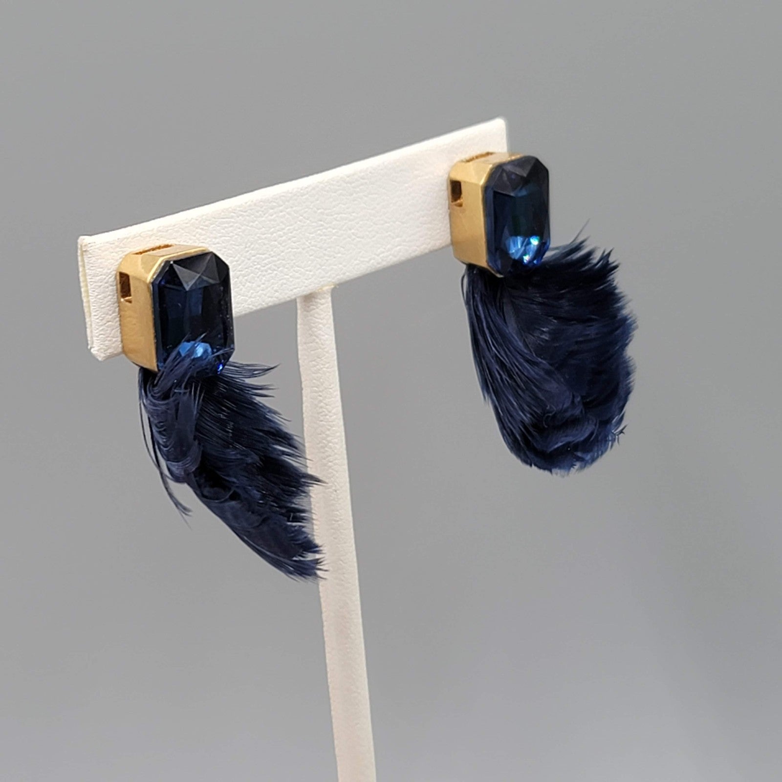 Real Feather Dark Blue Rhinestone Pierced Earrings Drop 1.5 in