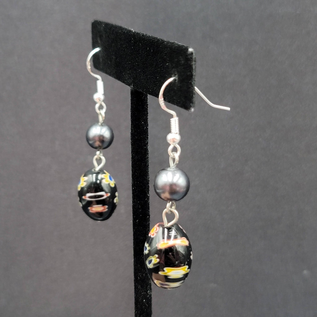Pierced Earrings Sterling Silver Hooks Black Flower Art Glass Beads 1.25"