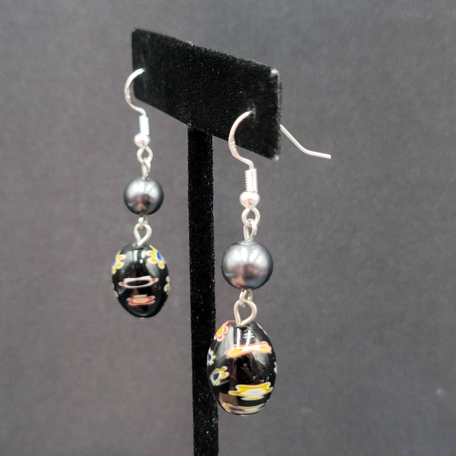Pierced Earrings Sterling Silver Hooks Black Flower Art Glass Beads 1.25"