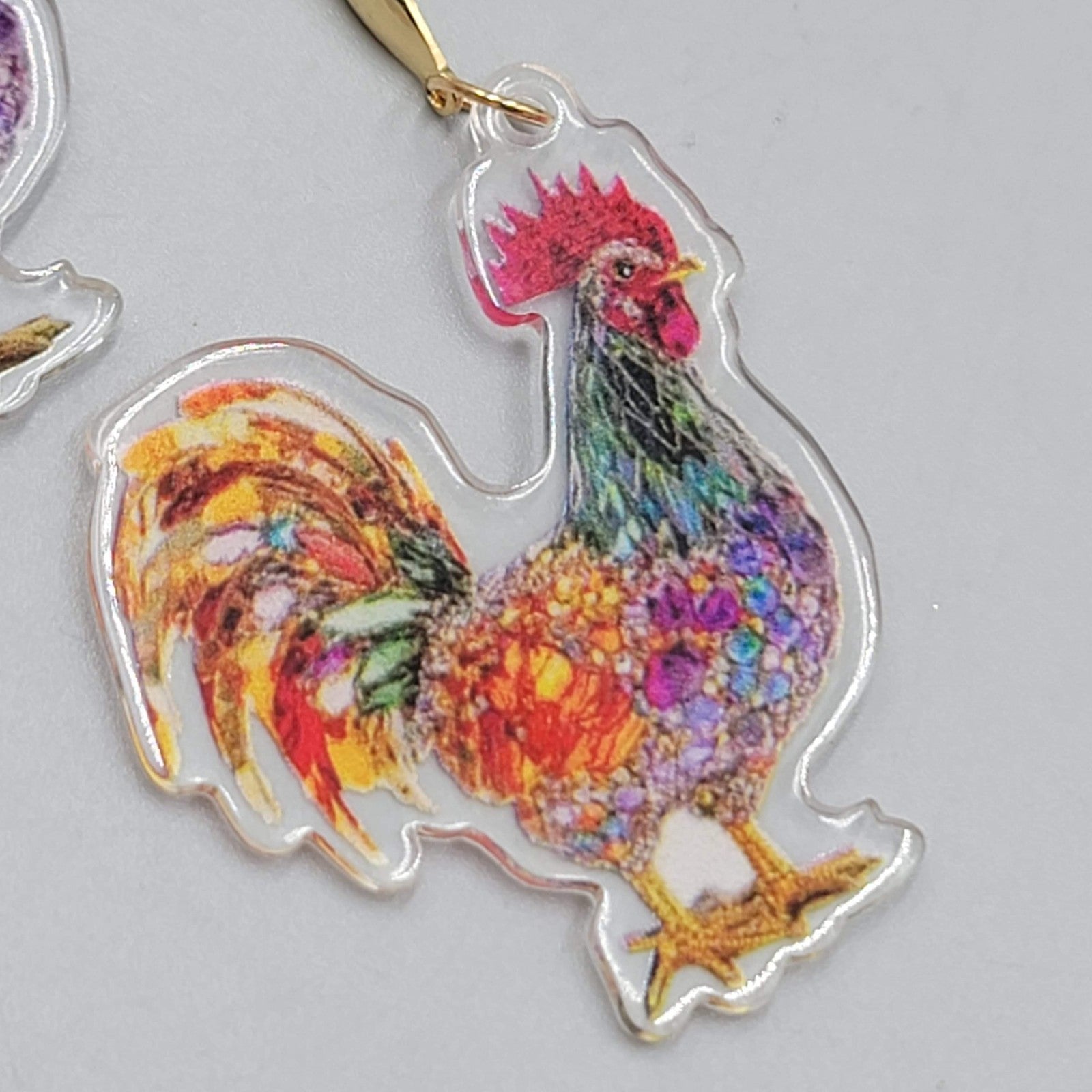 Multicolor Mosiac Rosster Pierced Earrings Acrylic Dangle Gold tone Hook 1.75"