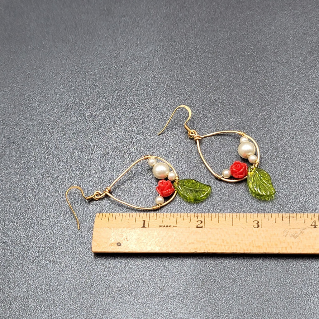 Pierced Earrings Gold tone Rose Leaf White Beads Dangle 2"
