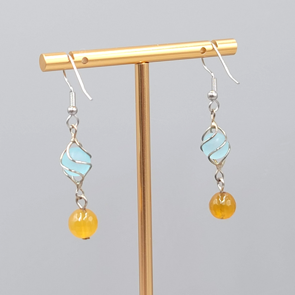 Blue Yellow Glass Bead Pierced Earrings Silver tone Dangle  1.25 in