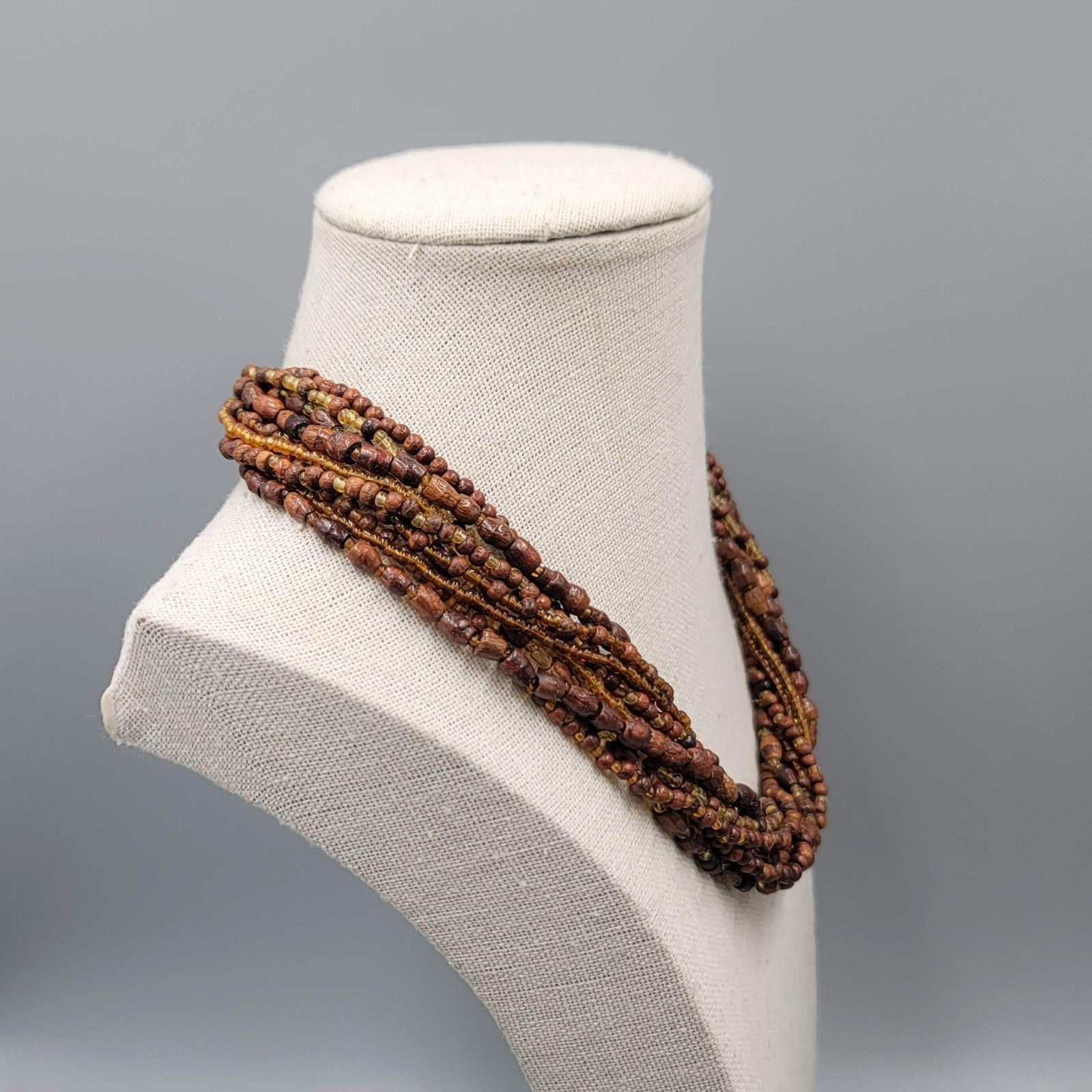 Multistrand Brown Wood Bead Twist Necklace 16"-18"