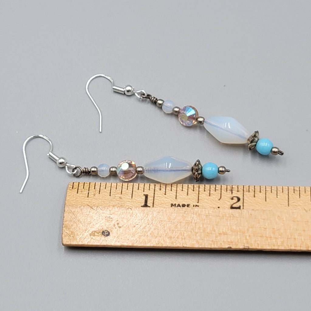 Sterling Silver Pierced Earrings Blue Iridescent Bead Dangle 1.75"