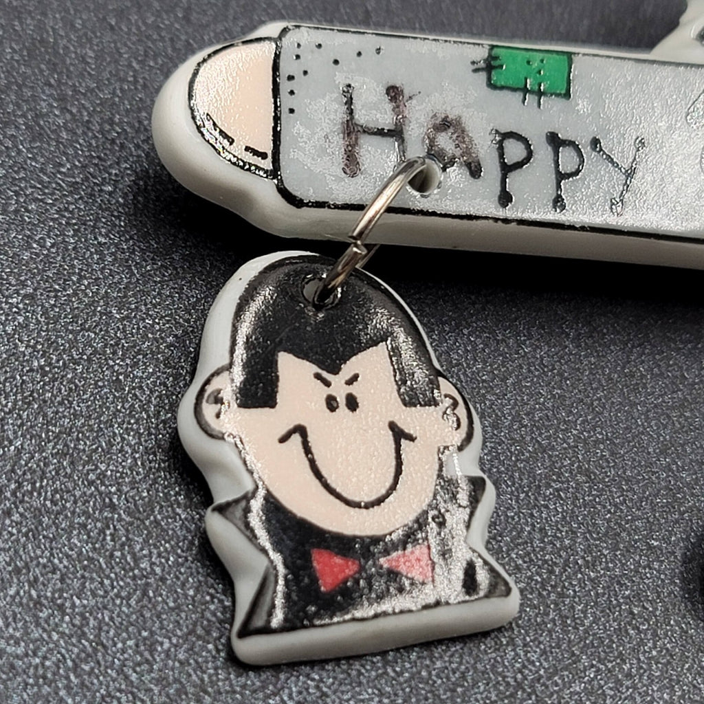 Vintage Halloween Brooch Ceramic Dangle Charms Happy Haunting 3 3/8"