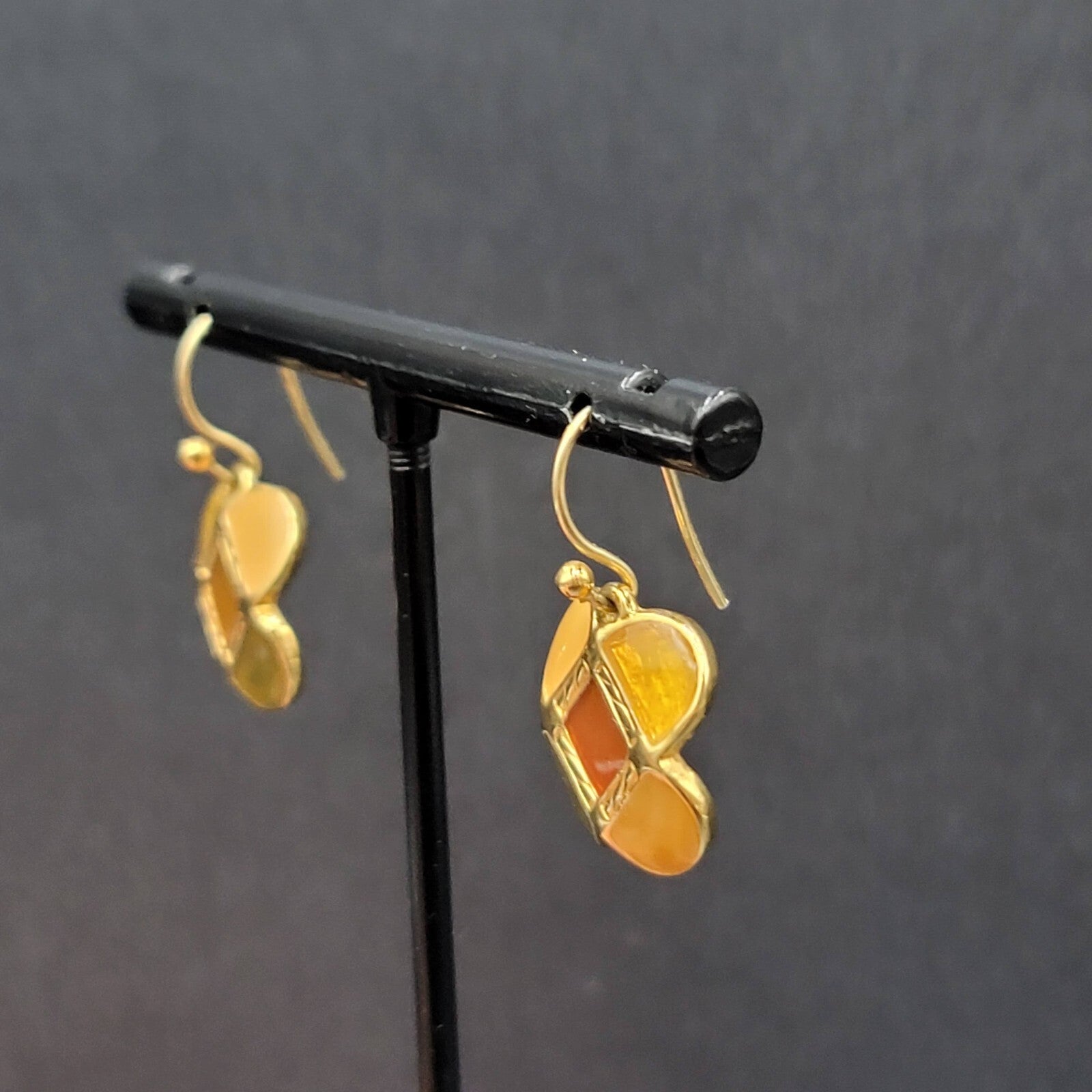 Ann Klein Pierced Earrings Gold Plated Orange Green Enamel Dangle 5/8"