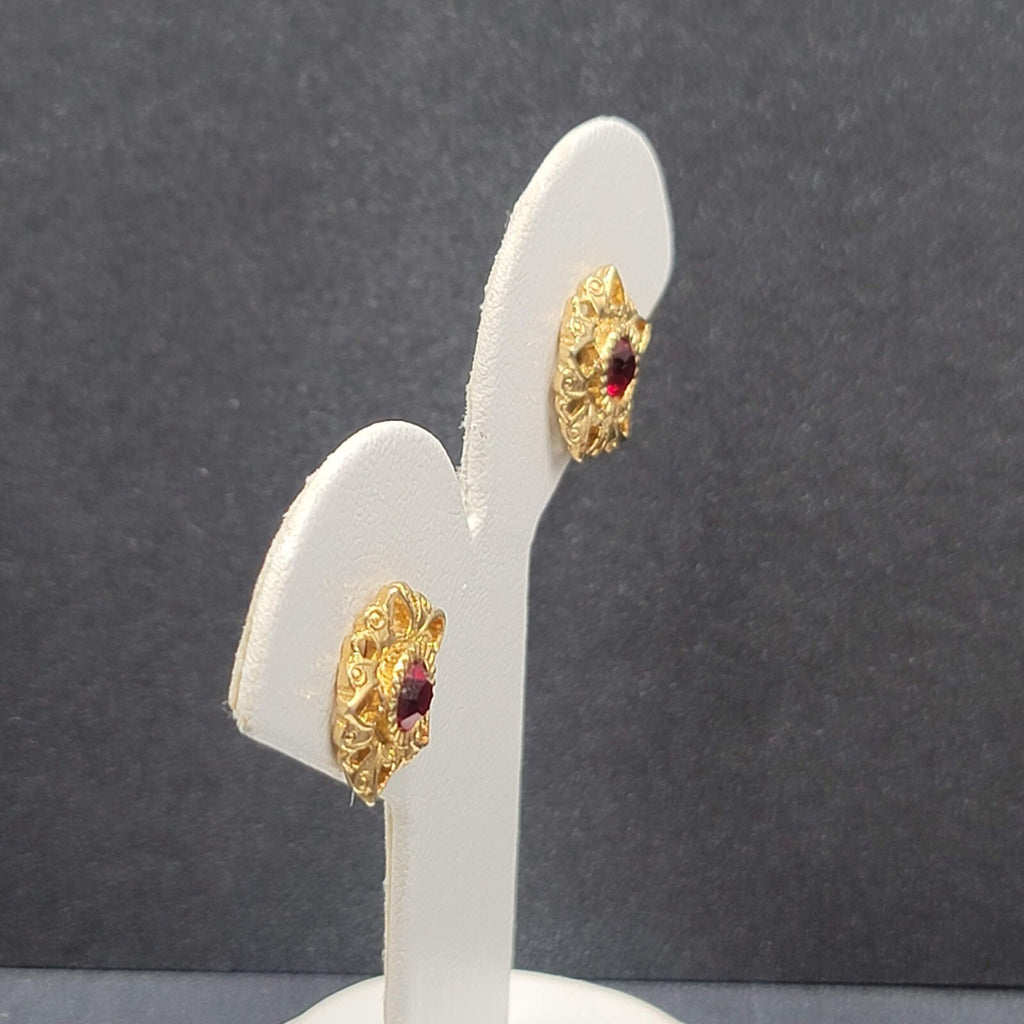 Vintage Pierced Earrings Gold Plated Red Stone Heart Studs 5/8"