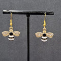 Bumble Bee Pierced Earrings Gold tone Rhinestone White Enamel Dangle New 5/8"