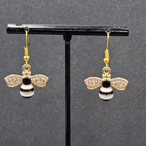 Bumble Bee Pierced Earrings Gold tone Rhinestone White Enamel Dangle New 5/8"