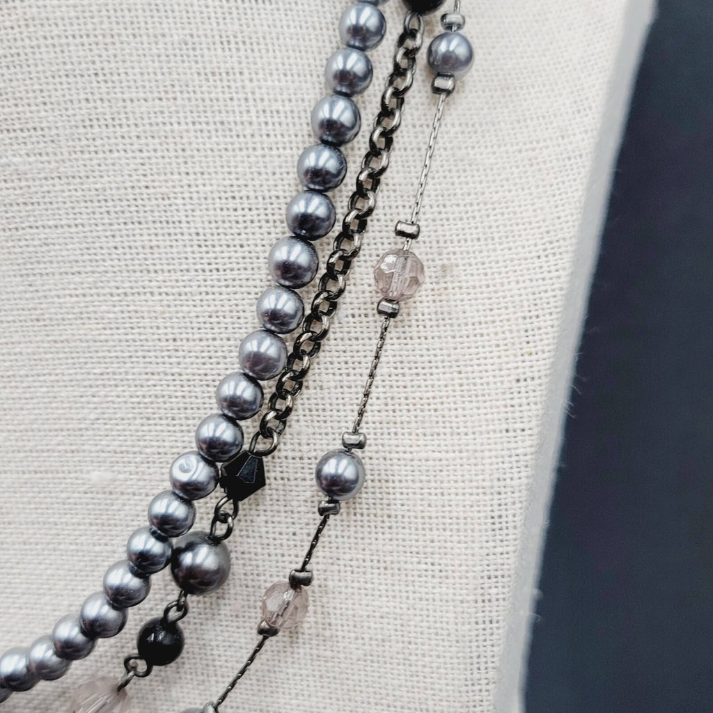 Triple Strand Black Chain Gray Bead Necklace 16"
