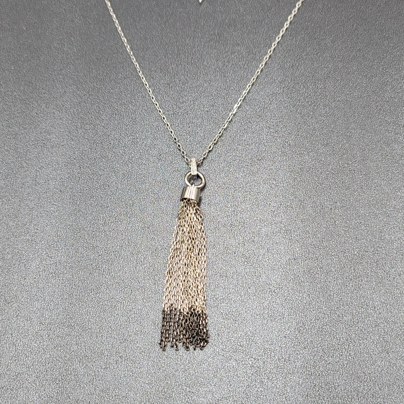 Fossil Tassel Pendant Necklace Silver tone Crystal Rhinestones Long 30"-32"