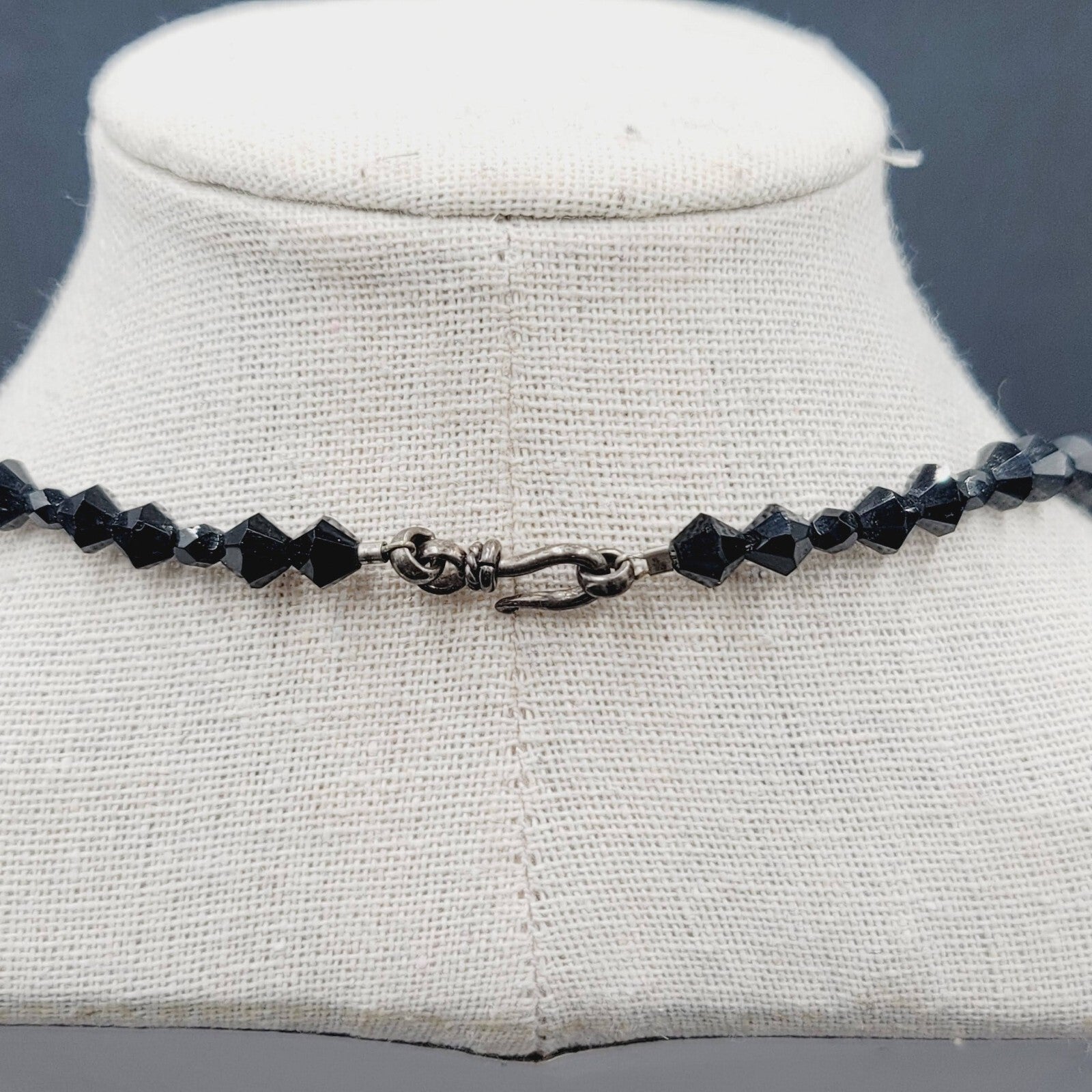 Vintage Necklace Black Rivoli Glass Beaded 16"