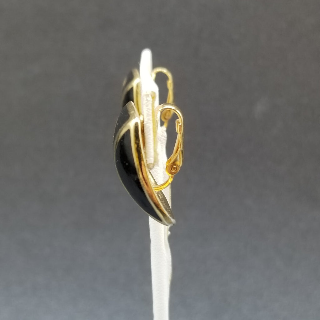 Vintage Clip on Earrings Gold tone Black Enamel Geometric Drop Stud 1"
