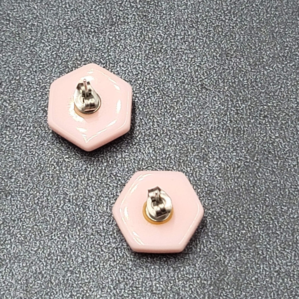 Vintage Pierced Earrings Pink Hexagon Pearlescent Studs 5/8"