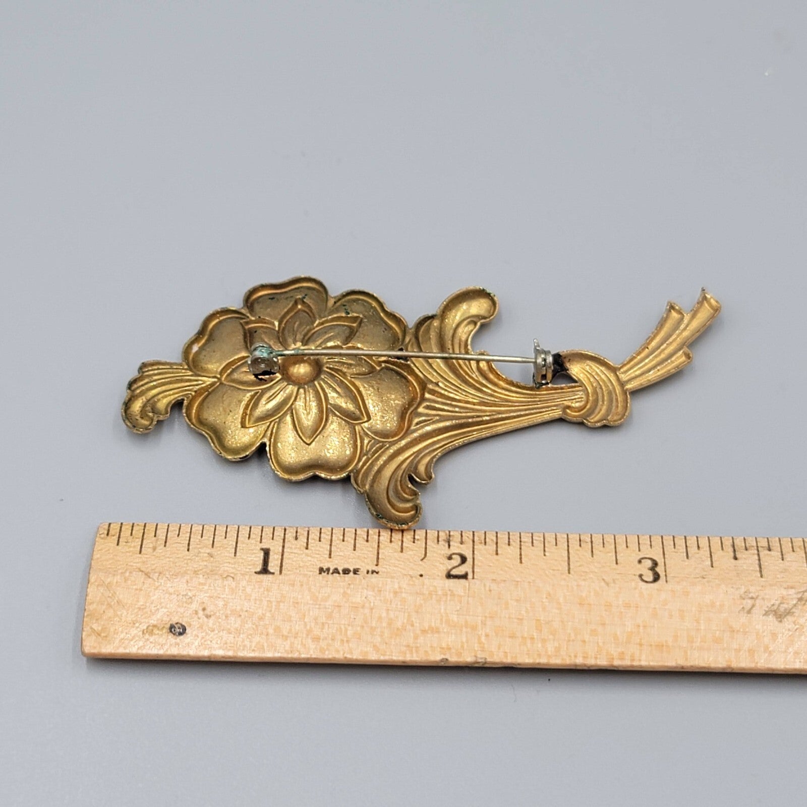 Vintage Flower Brooch Embossed Gold Tone Metal 3 3/8""