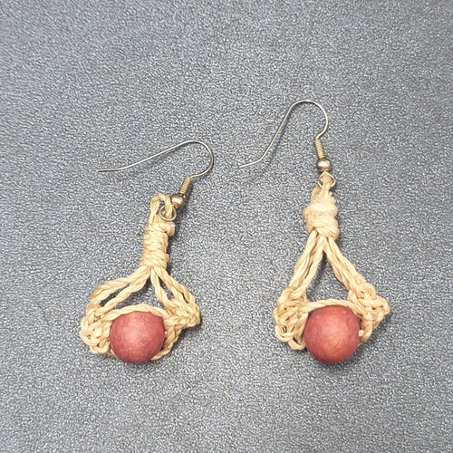 Boho Pierced Earrings Twine Knotted Wood Bead Dangle 1.5"