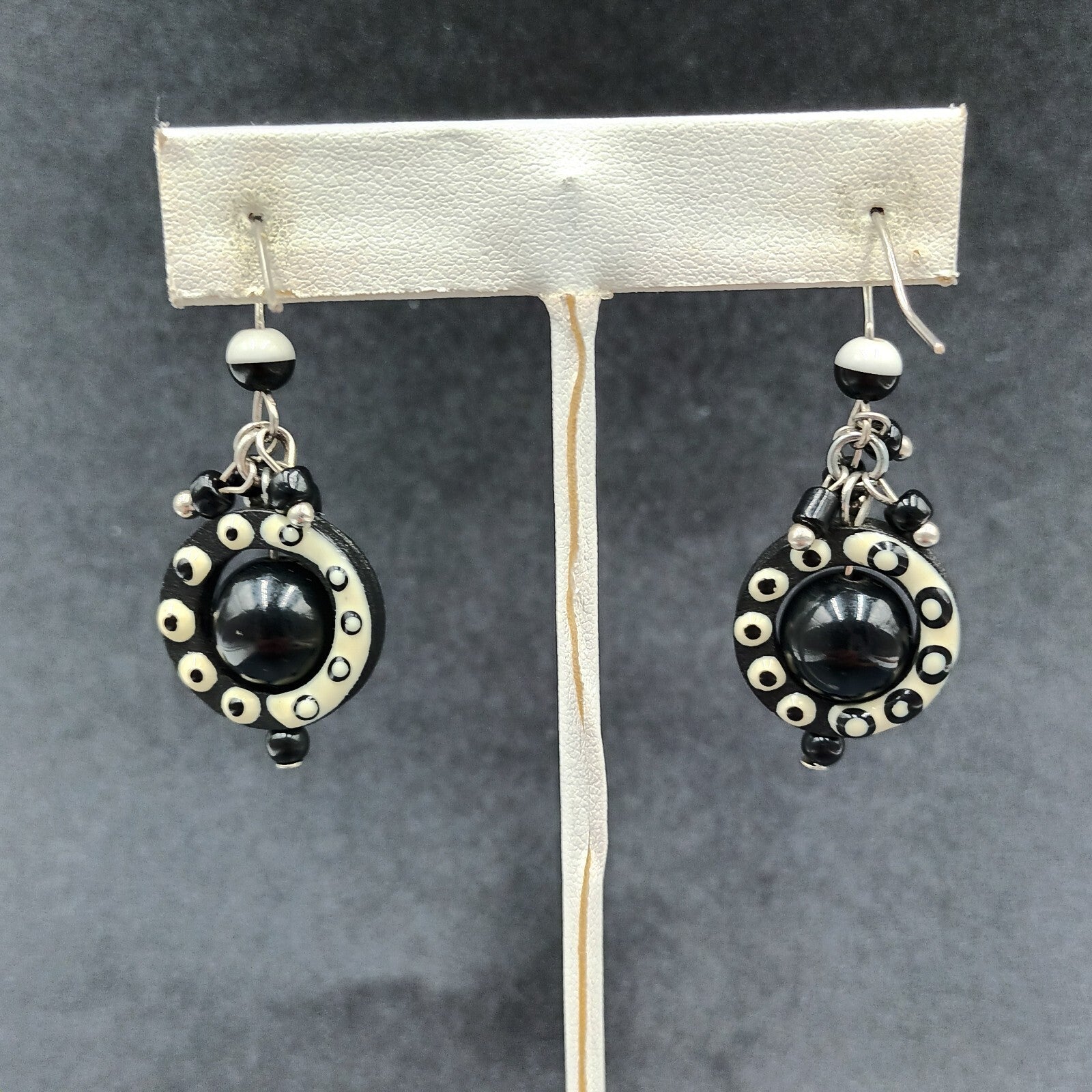 Pierced Earrings Black White Acrylic Captive Bead Statement Dangle 1 1/2"