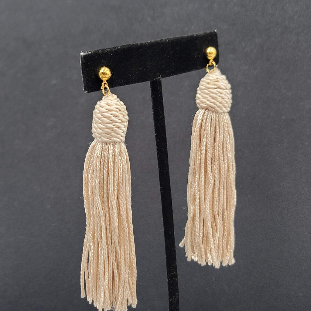 Pierced Earrings Gold tone Off White String Tassel Statement Dangle 3"