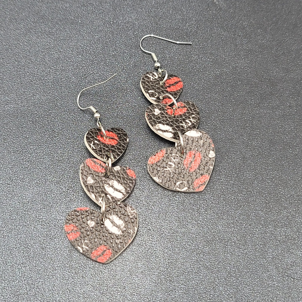Pierced Earrings Black Faux Leather Kisses Hearts Silver tone Dangle 2.25"