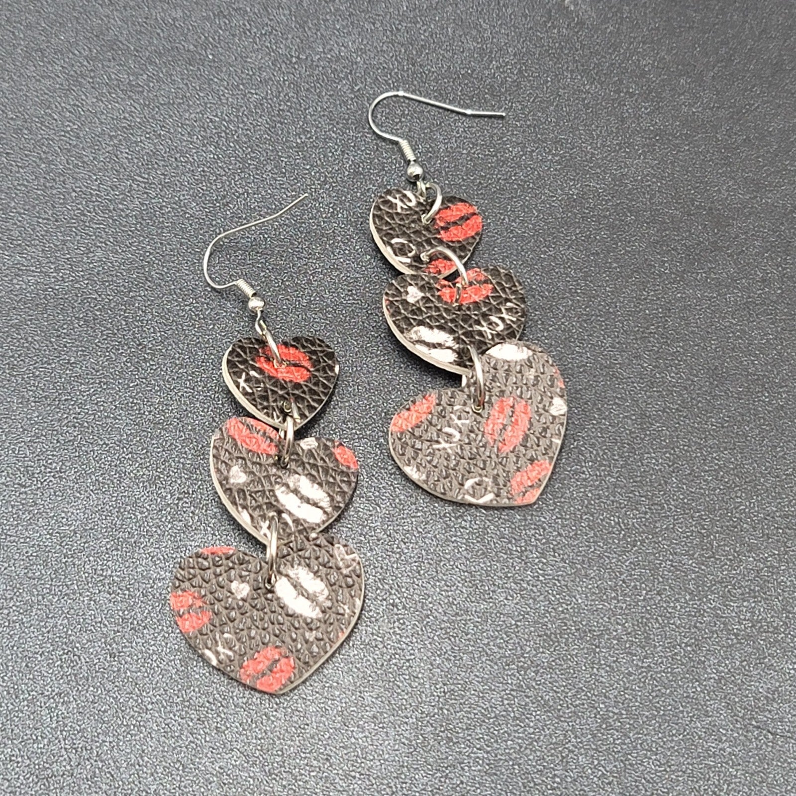 Pierced Earrings Black Faux Leather Kisses Hearts Silver tone Dangle 2.25"