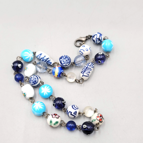 Eclectic Blue Glass Bead Necklace Flowers Multicolor Silver tone 16 in