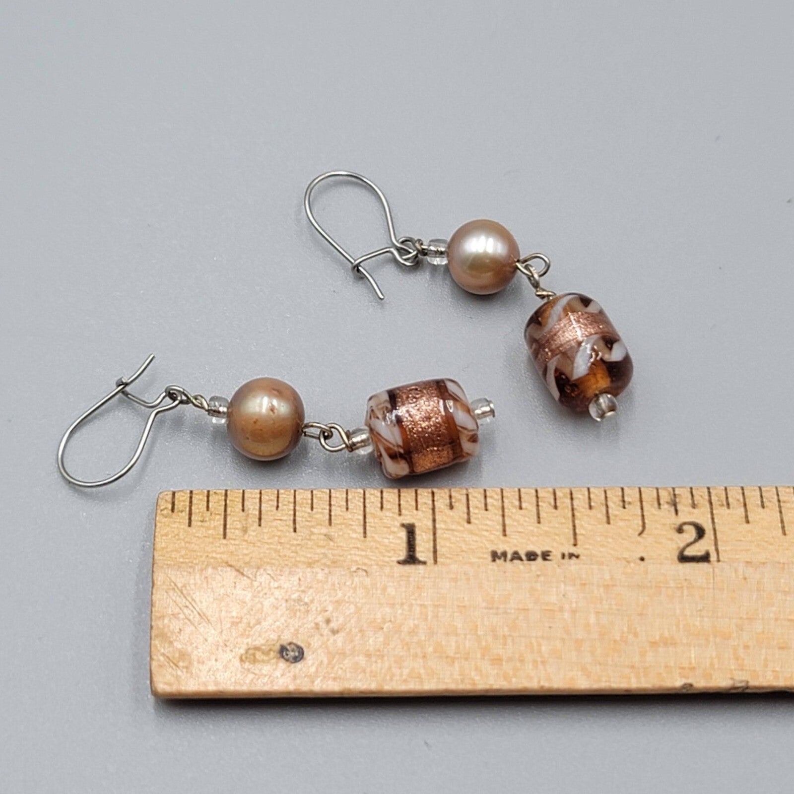 Art Glass Bead Pierced Earrings Silver tone Dangle 1.25"
