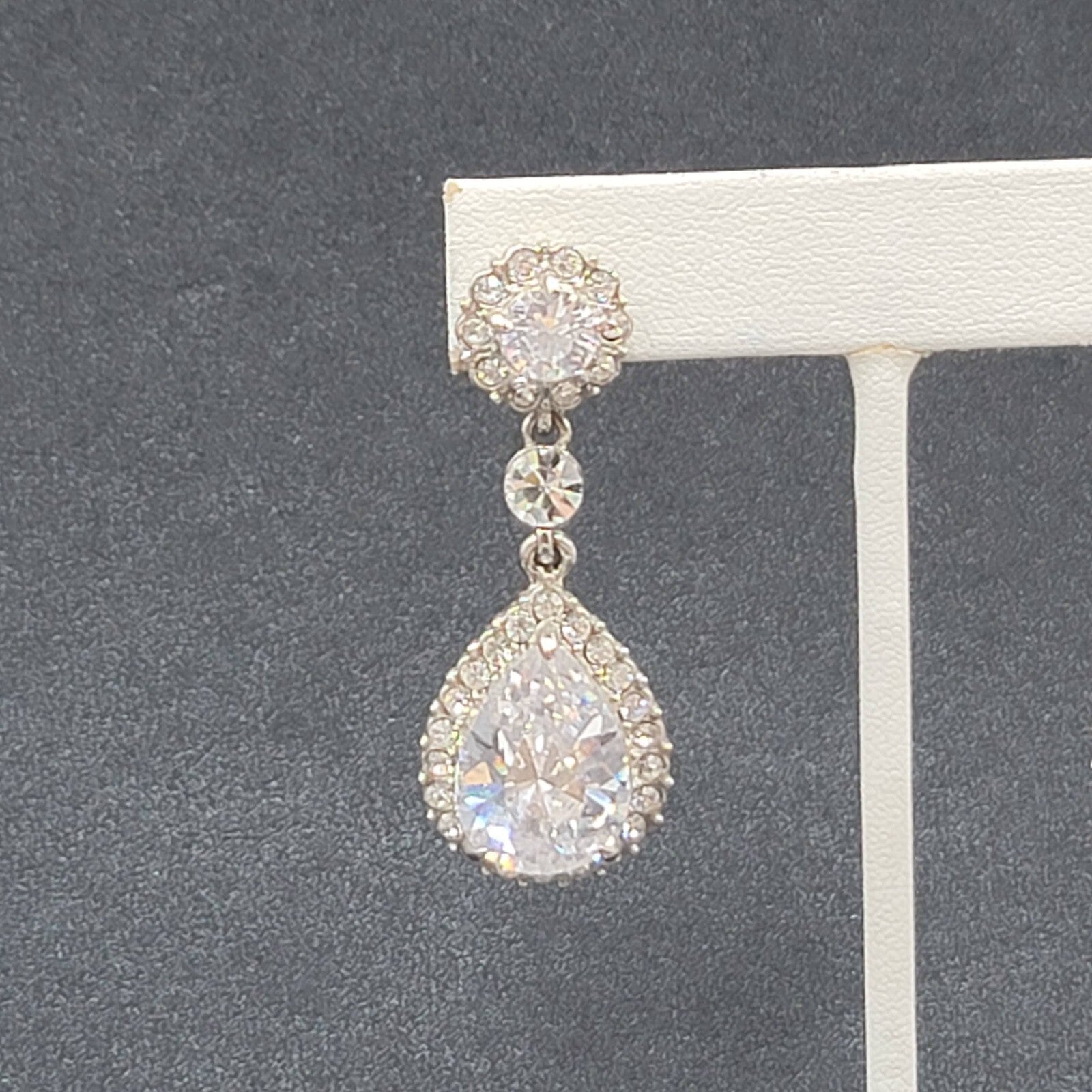 Pierced Earrings Silver tone Large Rhinestone Signed Wedding Prom Well Made 2"