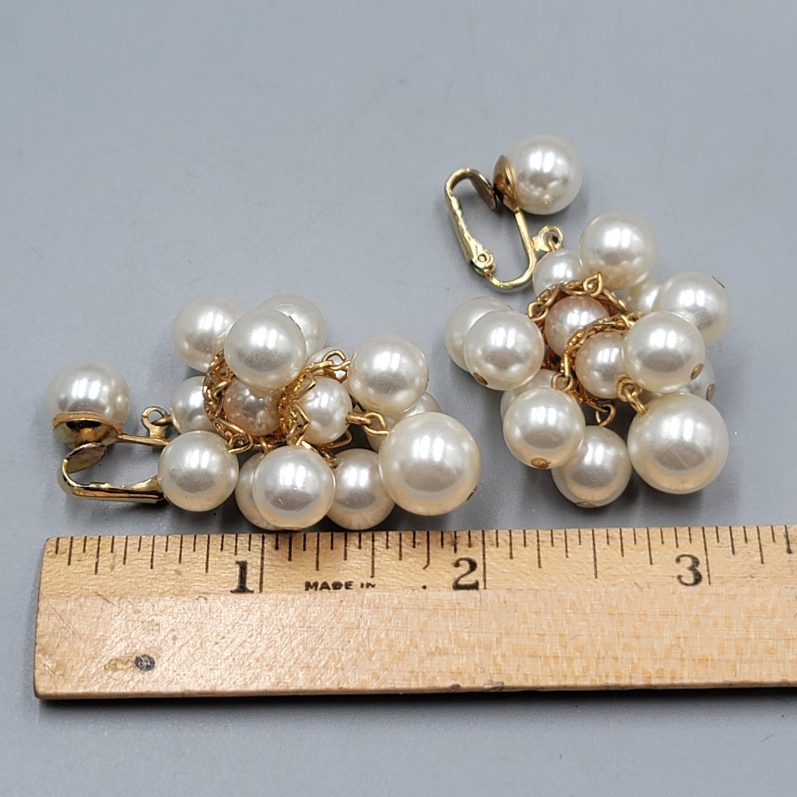 Vintage White Beaded Chandelier Clip on Earrings Gold tone Dangle 2 in