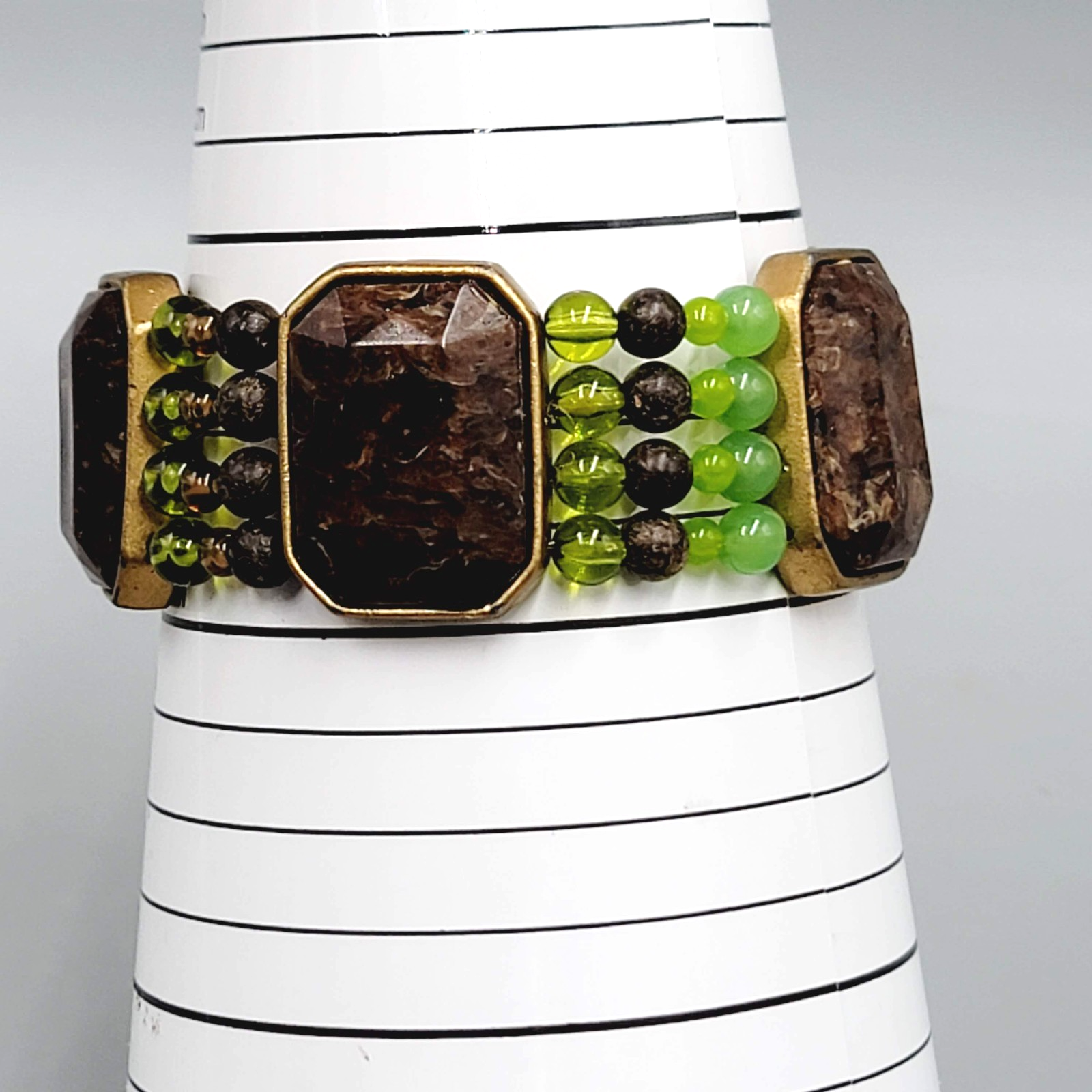 Brown Green Bead Bracelet Stretch Elastic Statement 7"