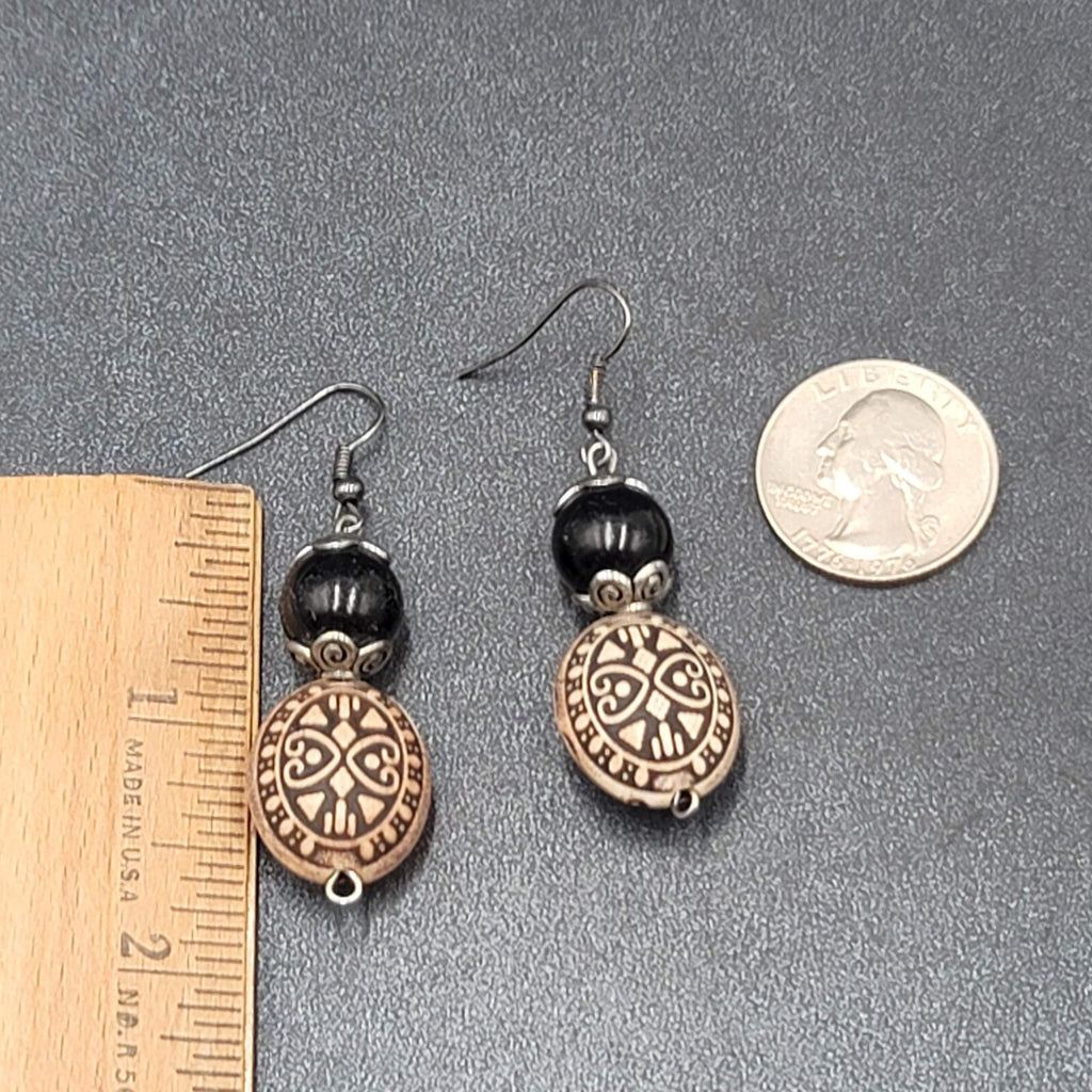 Pierced Earrings Silver tone Black Ornate Beaded Dangle 1.5"