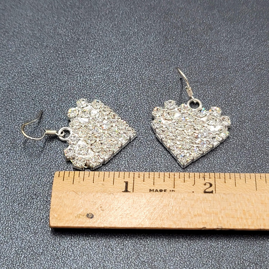 Vintage Pierced Earrings Silver tone Rhinestone Studded Dangle Heart 1"