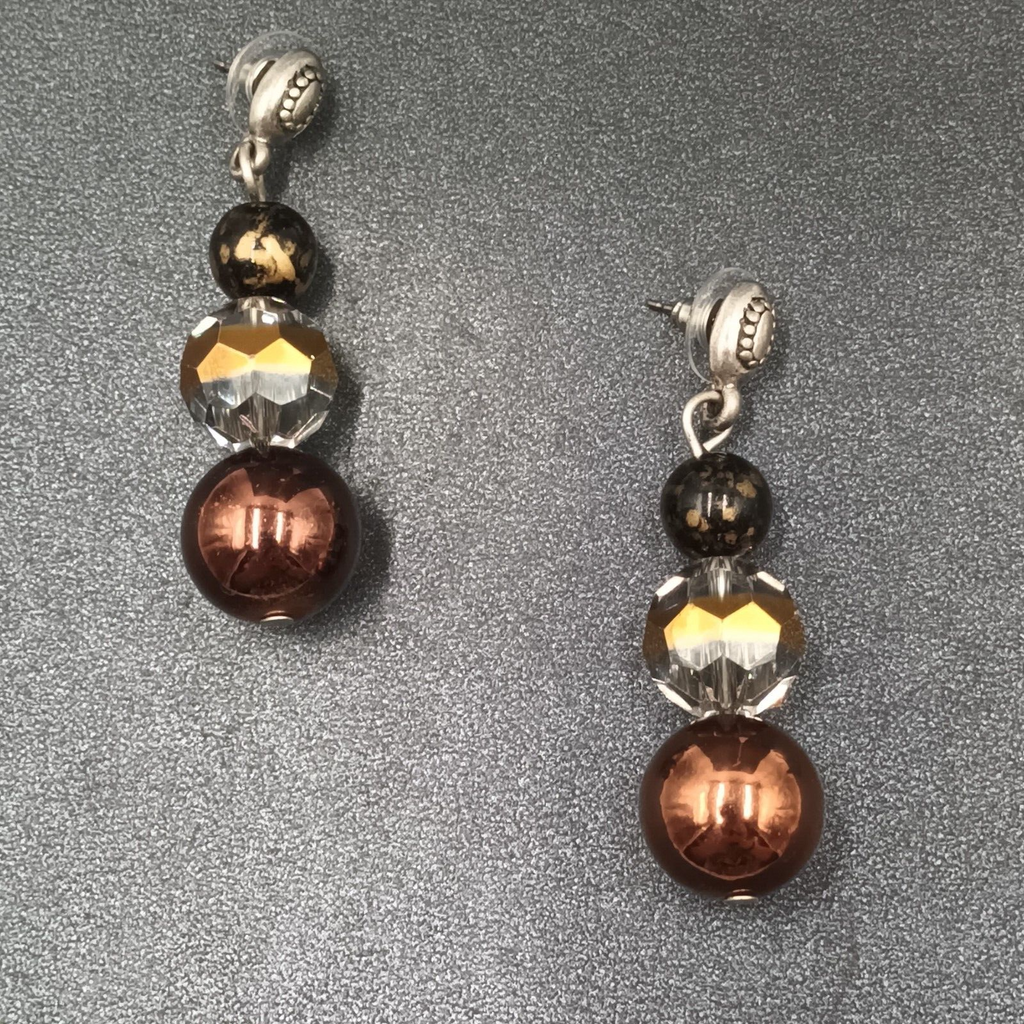 Pierced Earrings Silver tone Acrylic and Glass Bead Dangle 2.25"