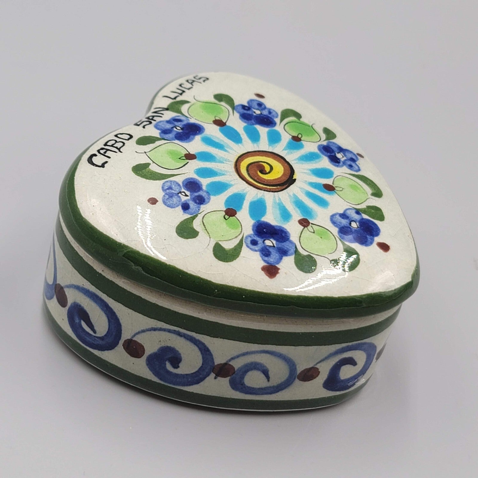 Mexico Heart Shaped Trinket Jewelry Box Tonala Pottery Signed CAT Cabo San Lucas