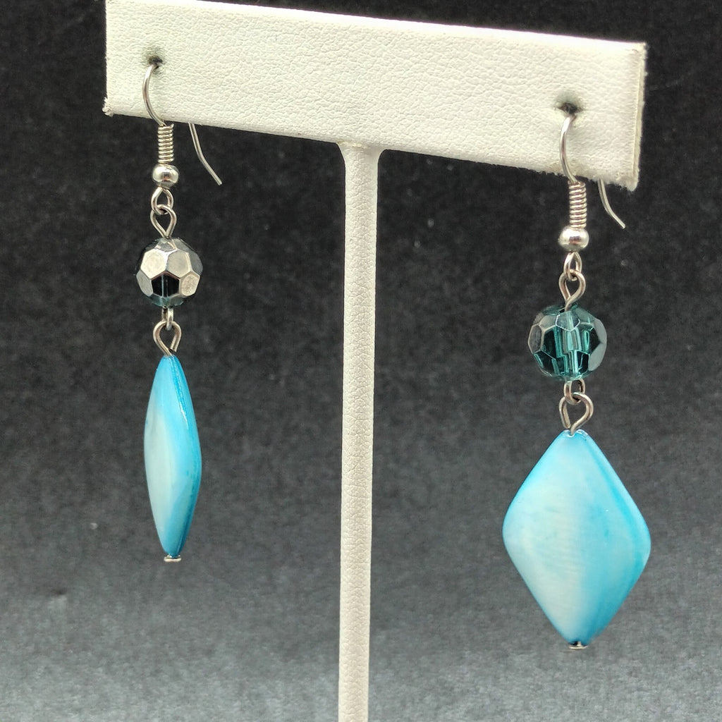 Pierced Earrings Silver tone Hook Blue Shell Geometric Beaded Dangle 1 5/8"