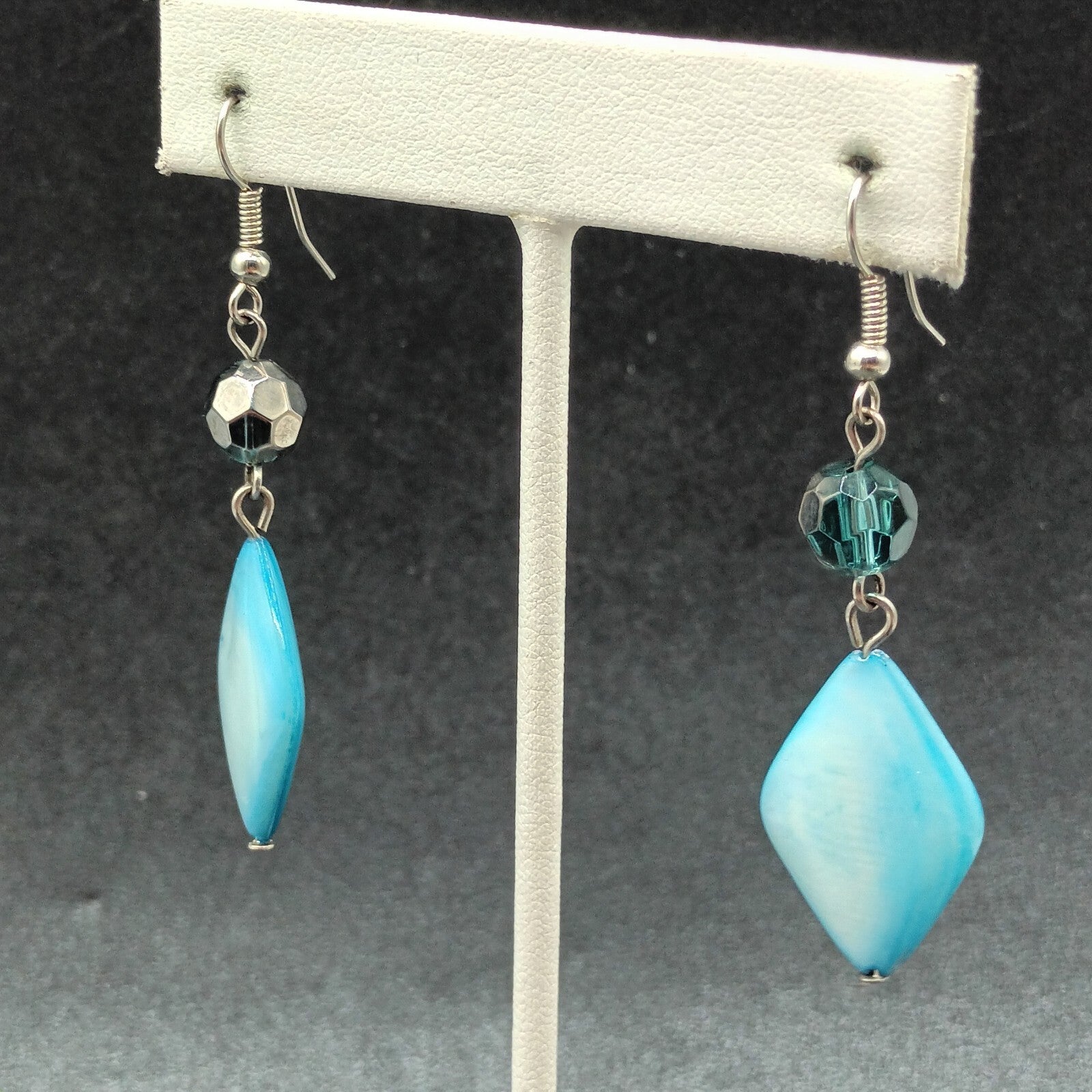 Pierced Earrings Silver tone Hook Blue Shell Geometric Beaded Dangle 1 5/8"