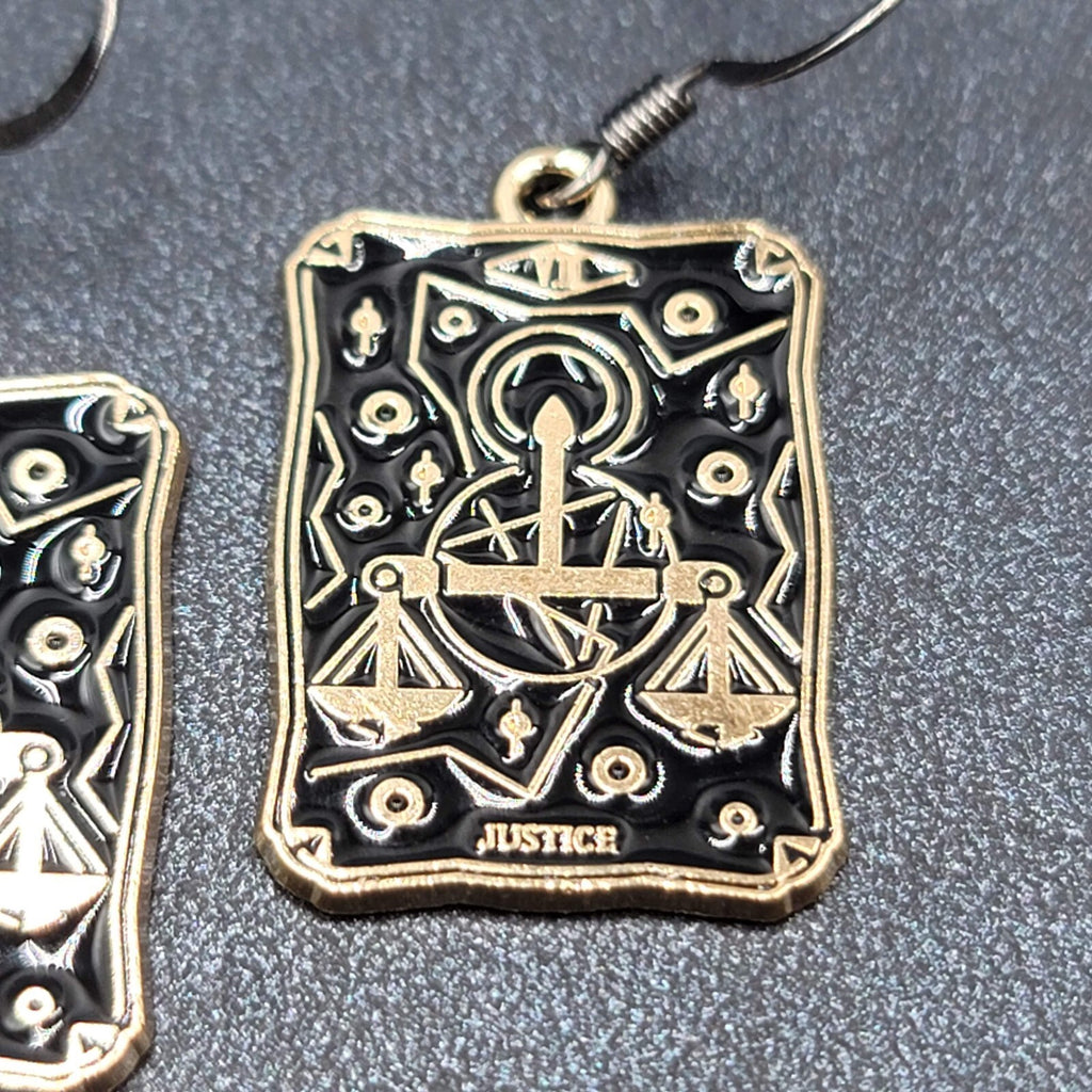 Tarot Card Pierced Earrings JUSTICE Scales Gold tone Black 1"