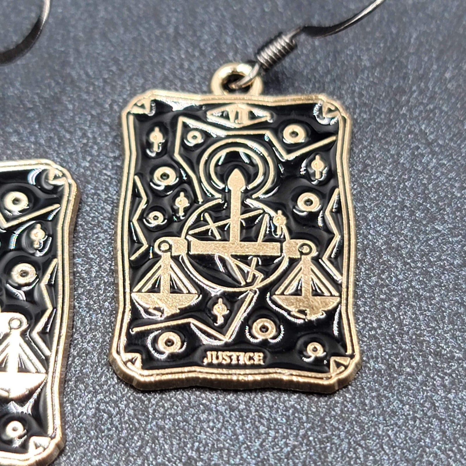 Tarot Card Pierced Earrings JUSTICE Scales Gold tone Black 1"