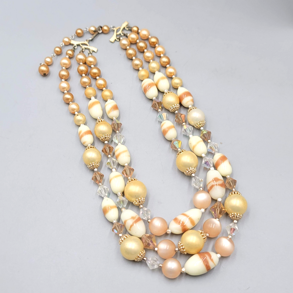 Vintage Triple Strand Necklace Beige Glass Moonstone Gold tone 