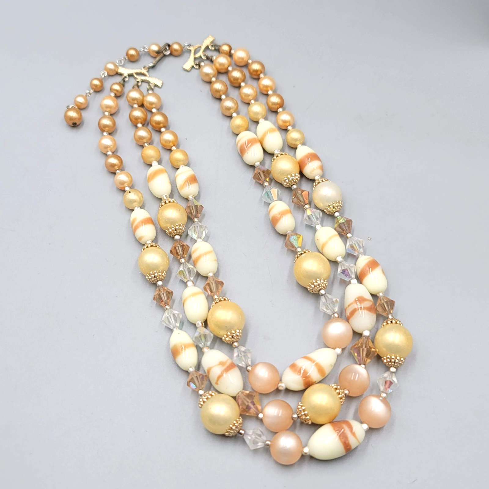 Vintage Triple Strand Necklace Beige Glass Moonstone Gold tone 