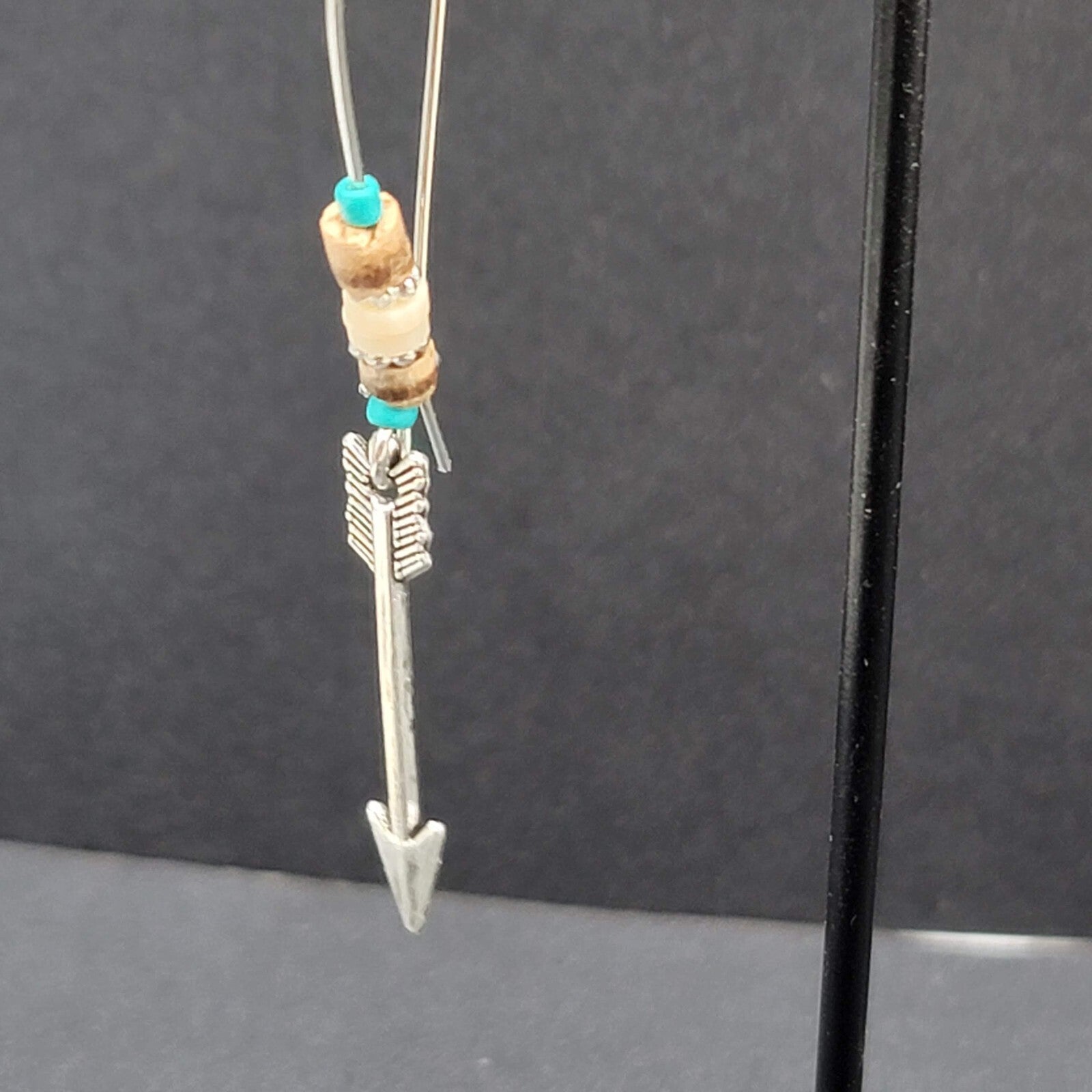 Pierced Earrings Silver tone Beaded Feather Dangle 2.5"