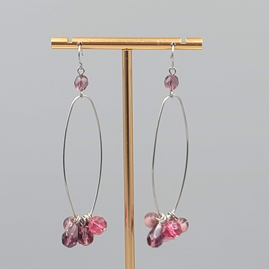 Purple Bead Long Hoop Pierced Earrings Silver tone Dangle 2.25"